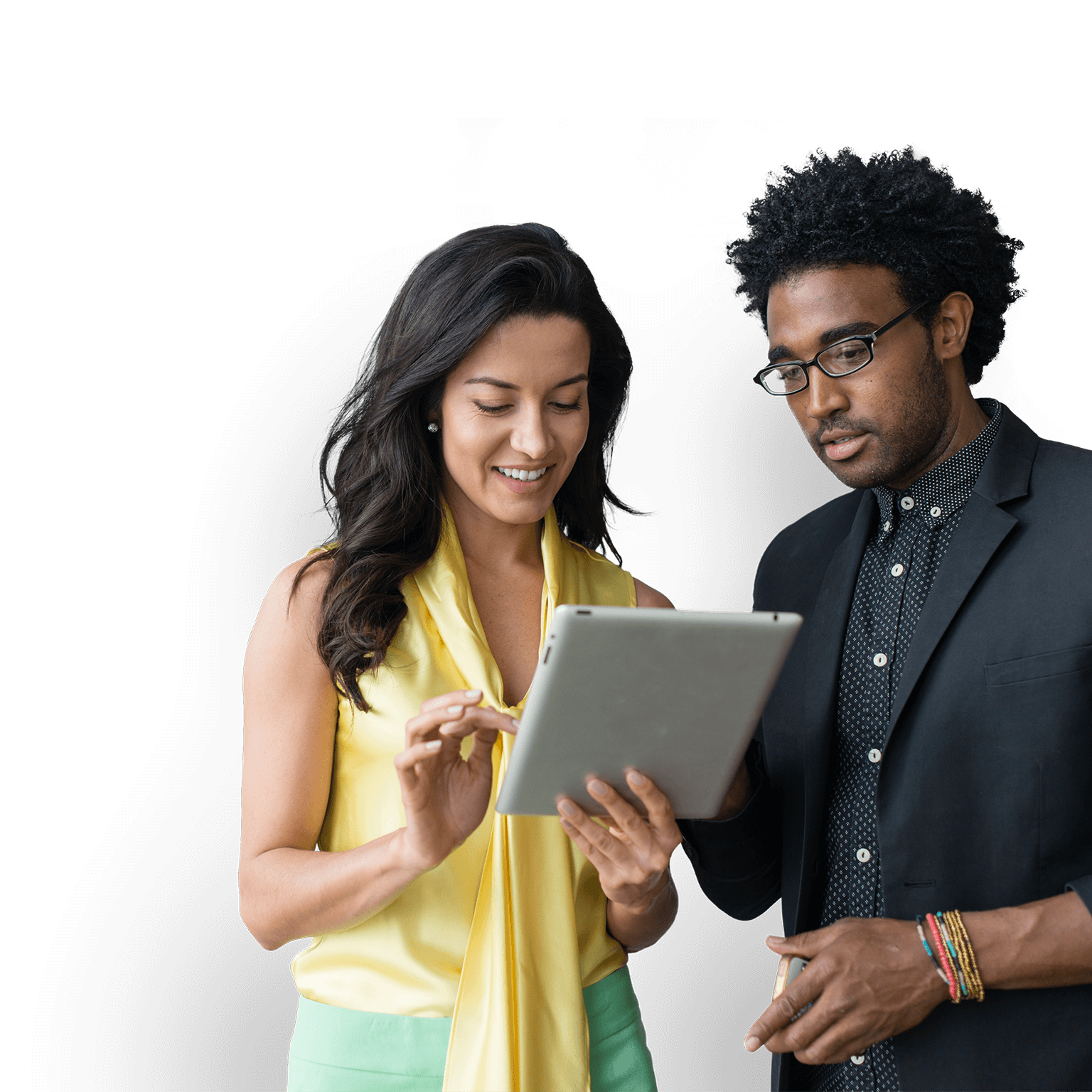 Hispanic business people using digital tablet