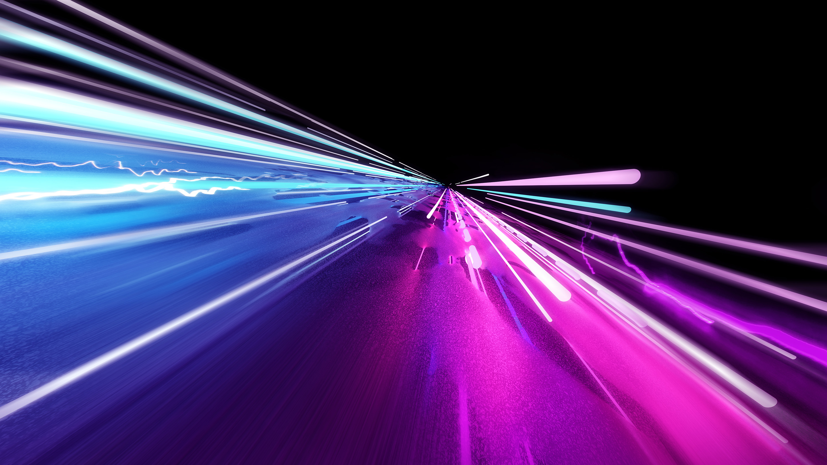 Parlak neon renklerde süper hızlı takip eden ışıklar. 3D İllüstrasyon