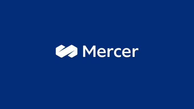 White mercer logo on dark blue background