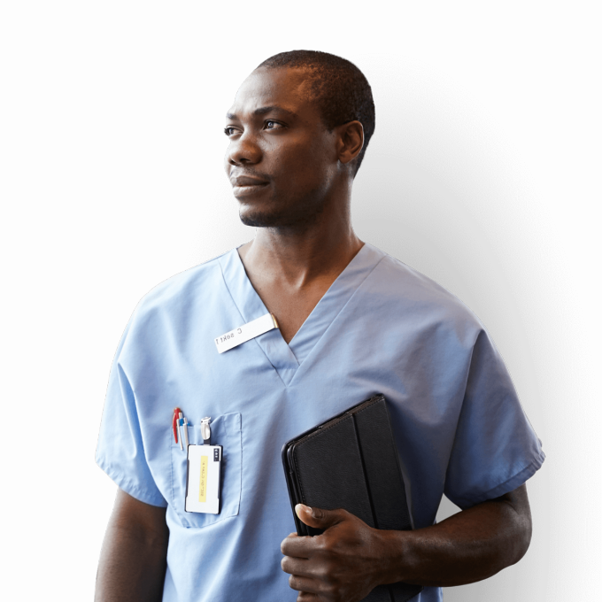 Thoughtful mid adult male nurse with digital tablet