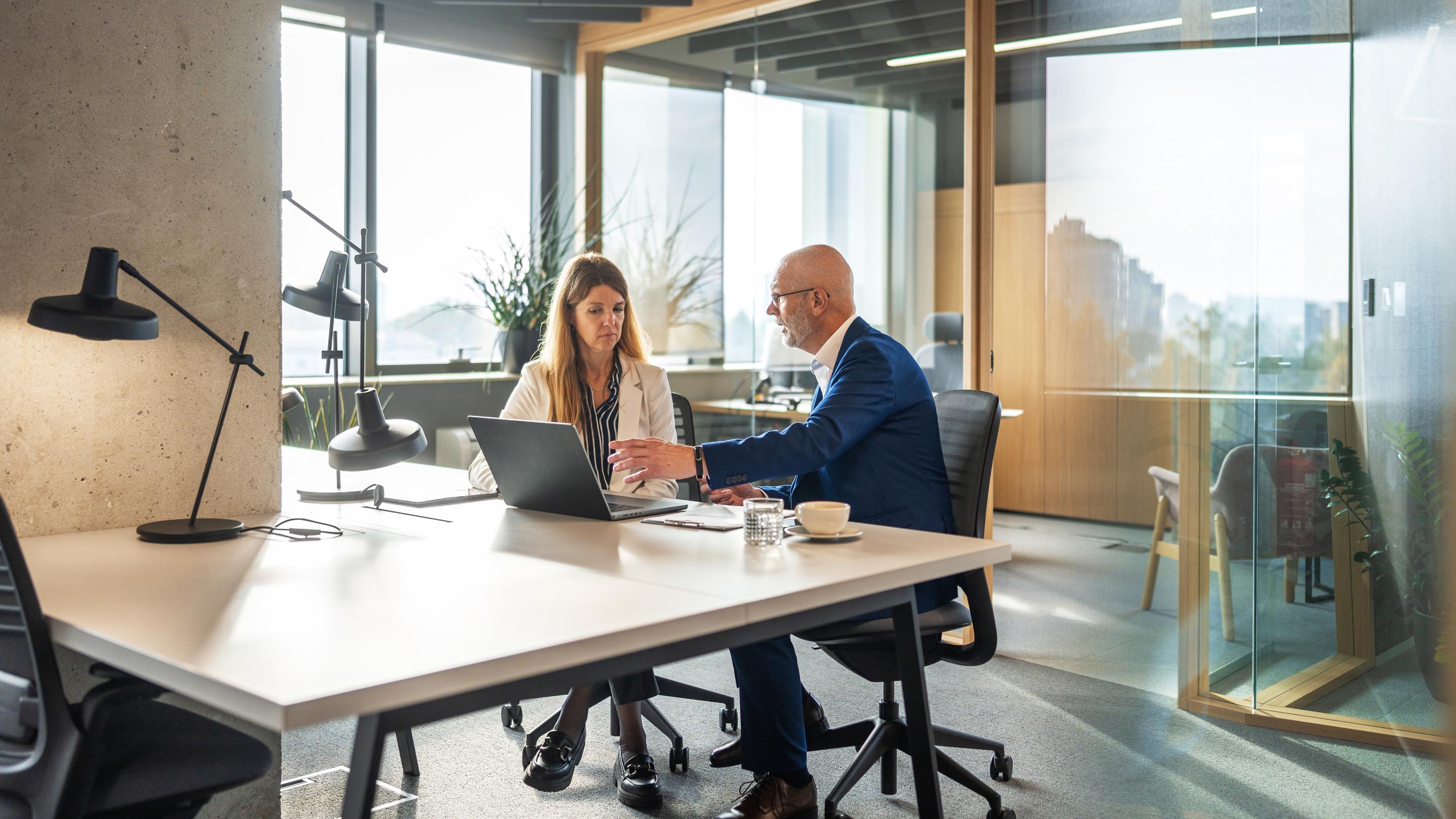 A mature Caucasian businessman and a mid-adult businesswoman analyze documents and utilize a laptop for financial planning in a well-lit contemporary office.