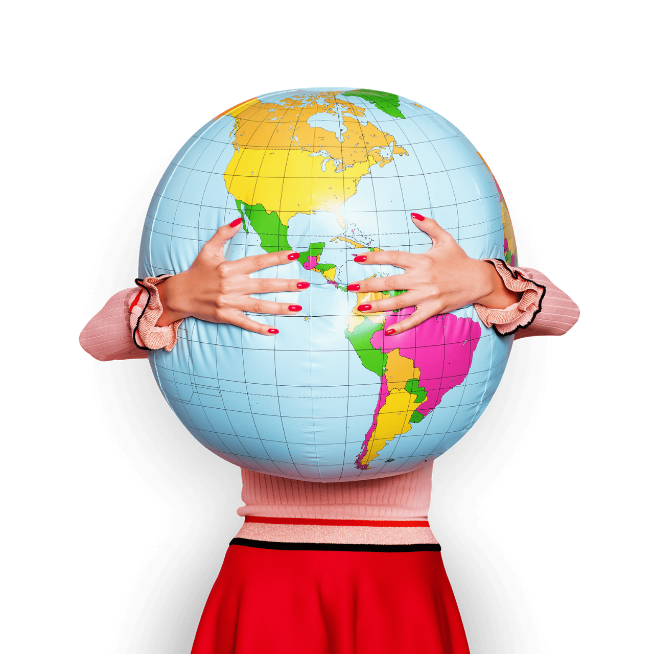 Large inflatable globe getting hugged by a woman in a red skirt.