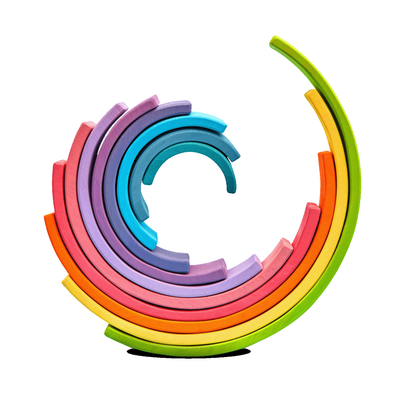 Eine künstlerische Darstellung von bunten Kugeln, die auf horizontalen Platten gestapelt sind. Die Platten sind in verschiedenen Farben gehalten und bilden eine pyramidenartige Struktur auf einem schwarzen Hintergrund.