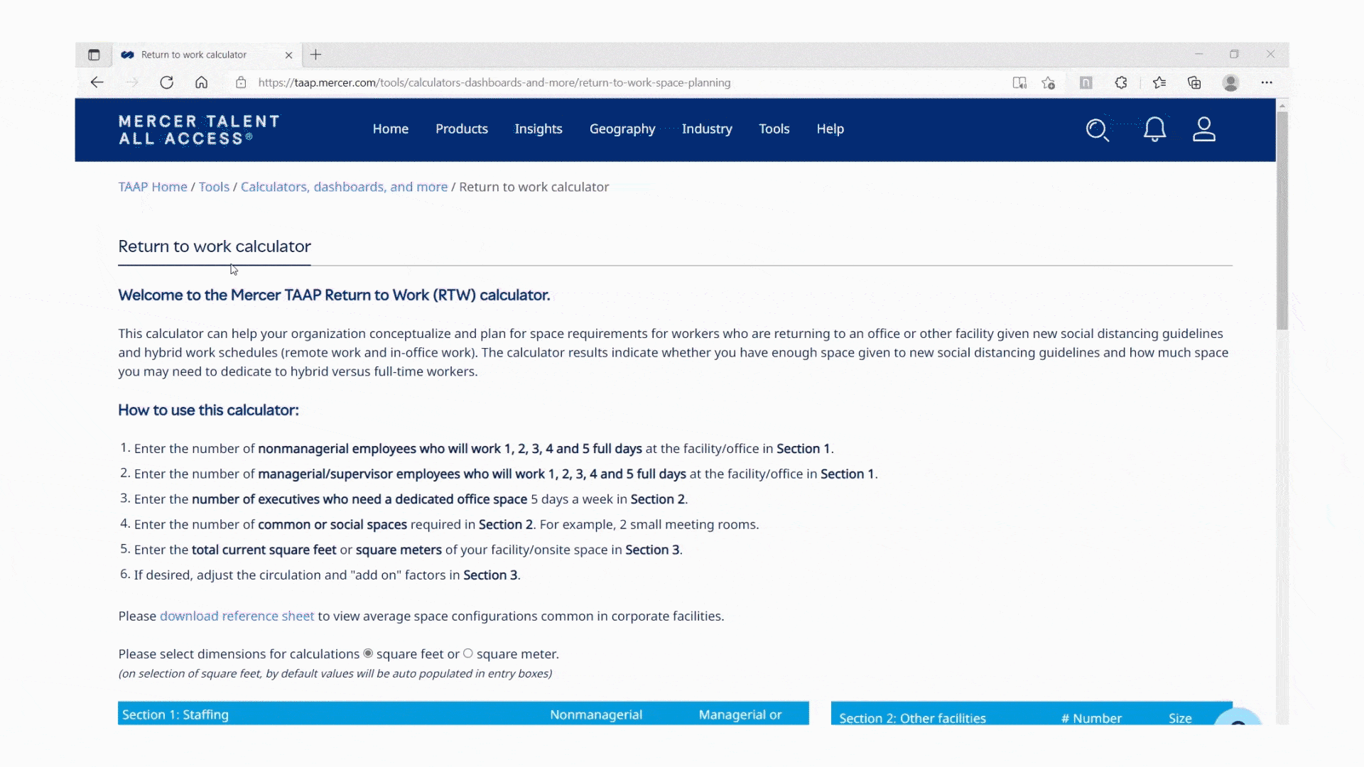 Das GIF zeigt ein Beispiel für die Berechnung des Platzbedarfs für eine Rückkehr an den Arbeitsplatz mit dem Mercer-Rechner.