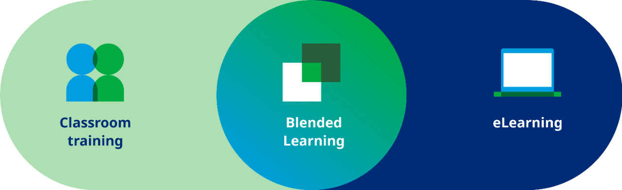 Diagram illustrating Mercer’s blended learning approach. The diagram illustrates three learning options: In the left is 'classroom training', in the right is 'e-learning' and in the middle is a combination of the two: 'blended leaning'.