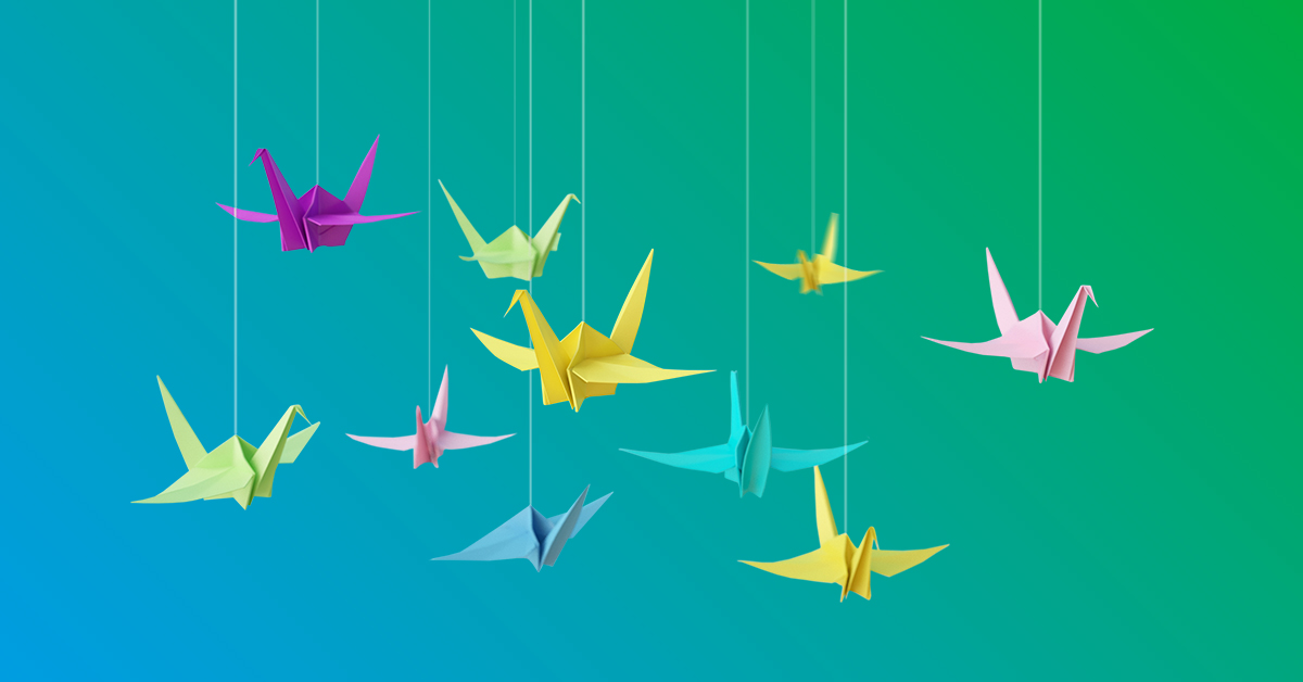 Origami birds on blue to green gradient background 1200x628