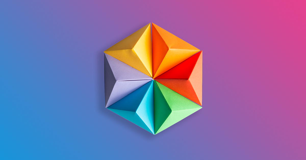 Rainbow colored origami paper pyramids