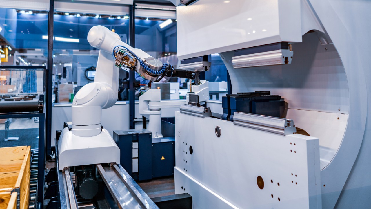 Robotic Arm production lines modern industrial technology. Automated production cell.