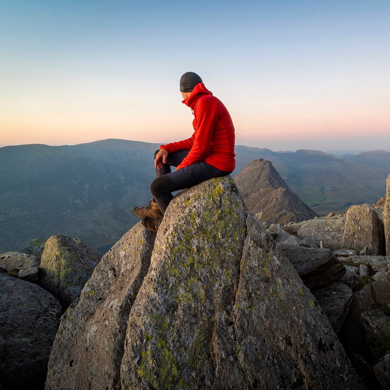 Looking out over Snowdonia from the top of Glyer Fach with mount Snowdon in the distance