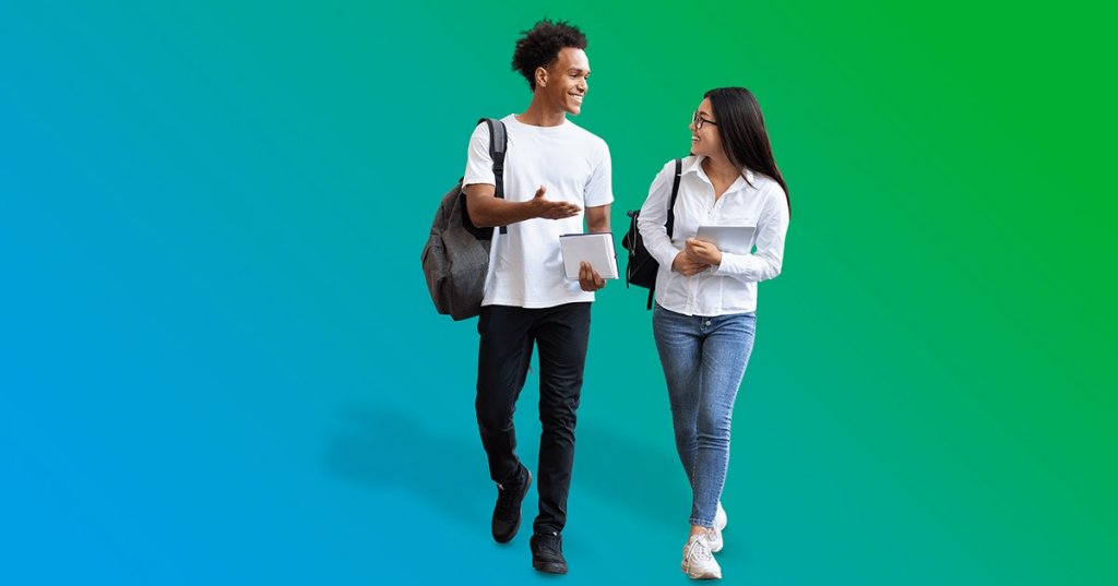 man and woman having conversation while walking