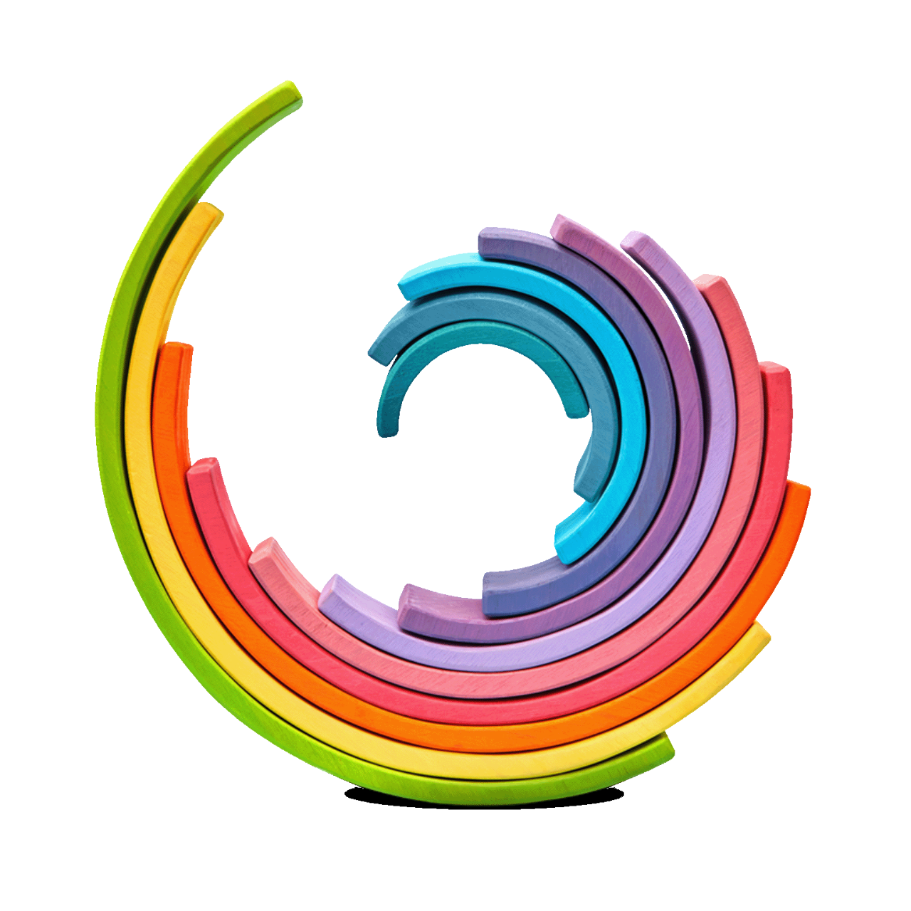 Stabilized constructor from colorful rounded wooden planks in the form of spiral figure on a light blue background with soft shadows, copy space. Creative constructor for development and learning.