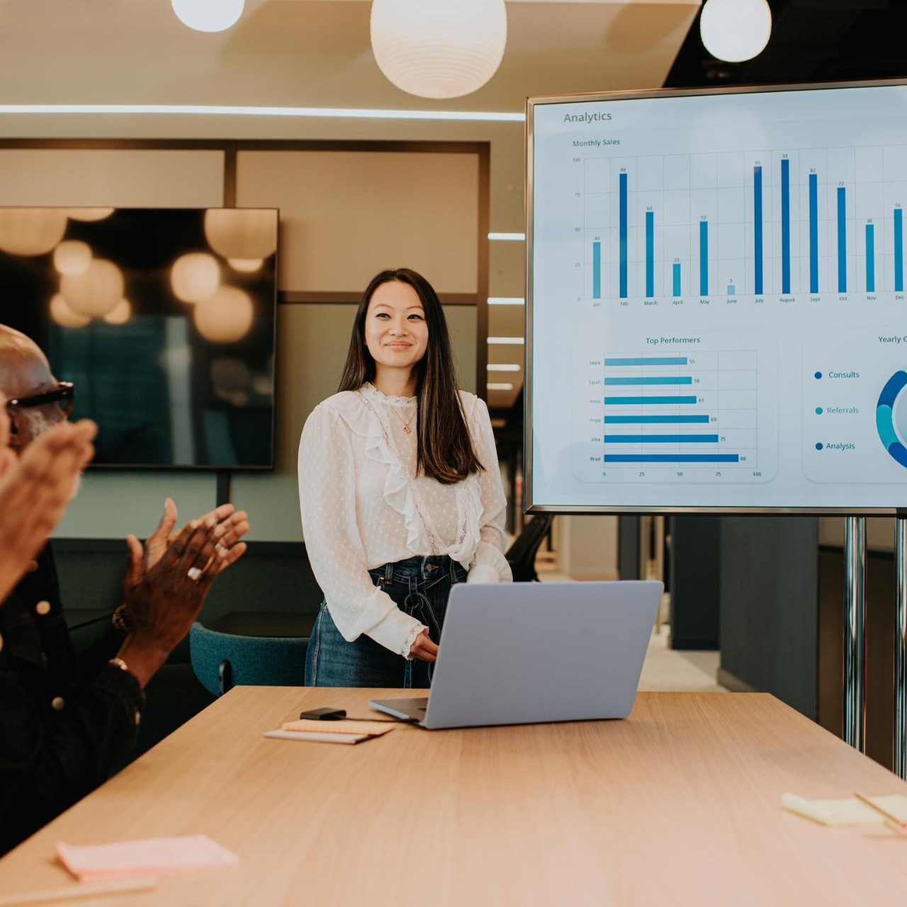 Woman presenting data graphs