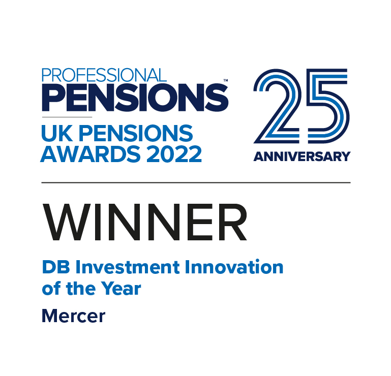 Logo for Professional Pensions UK Pensions Awards 2022. Category: DB Investment Innovation of the Year. Winner: Mercer