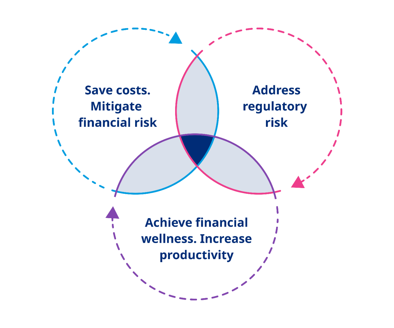 Diagram showing the linked nature of: “save cost. Mitigate financial risk”, “address regulatory risk”, “achieve financial wellness. Increase productivity.”
