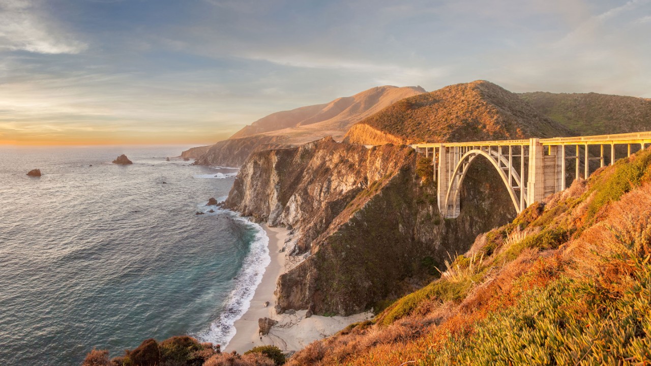 This is an panorama image of Bixby Bridge in Big Sur California. The bridge was built in 1932 and has become one of the most iconic structures on the California coast.
