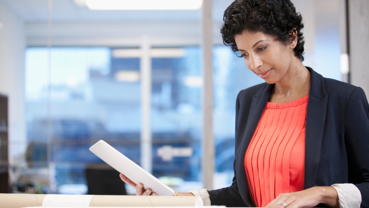 Businesswoman reviewing papers