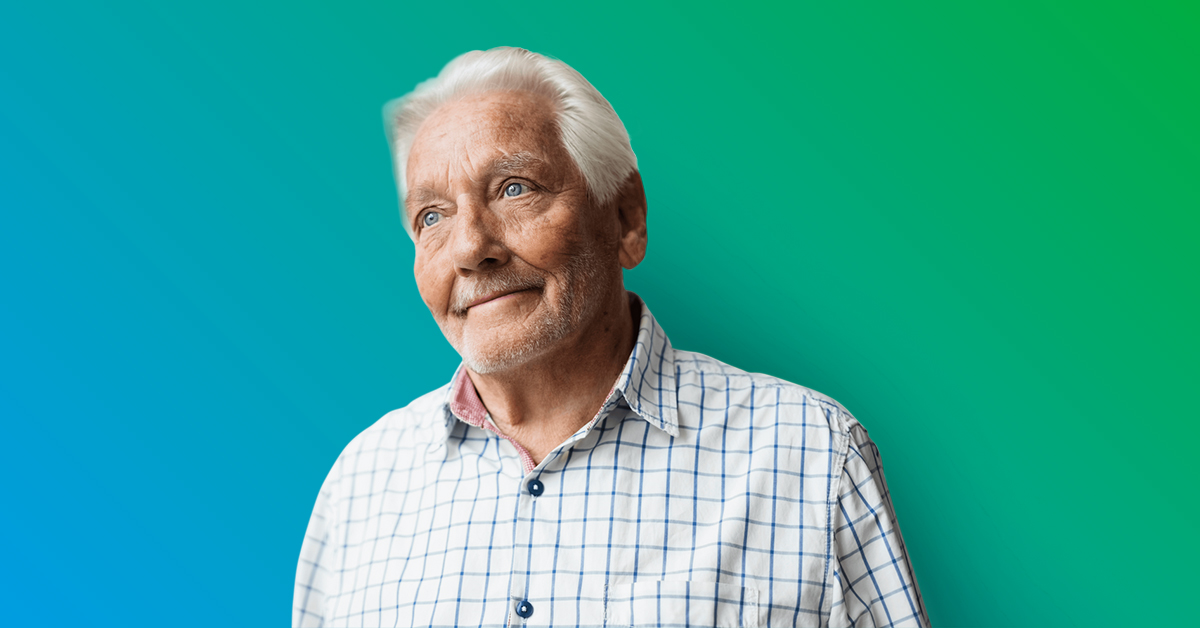 Smiling elderly man with button-up shirt - blue to green gradient