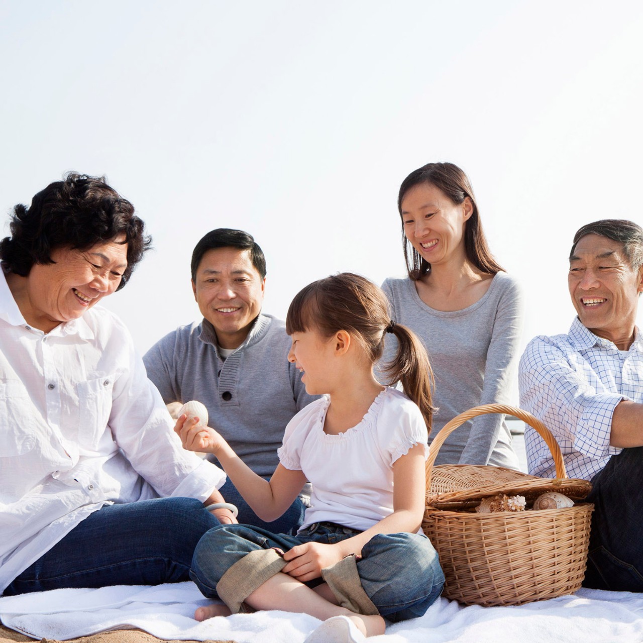 Chinese family having picnic on beach