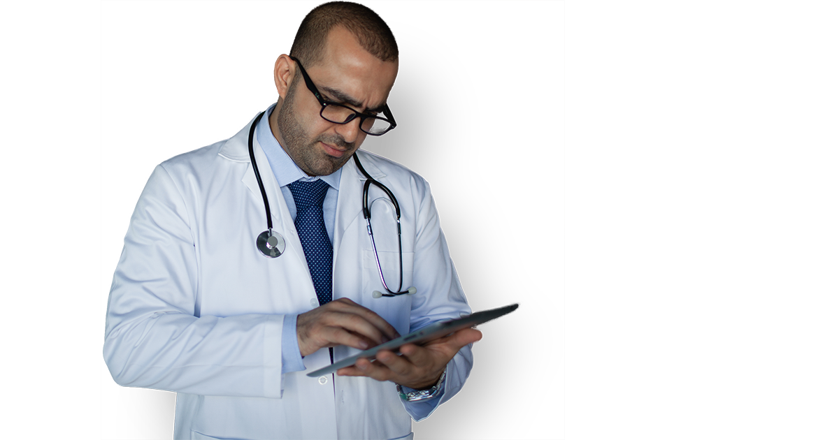 Arab doctor standing, iPad, tablet, health  