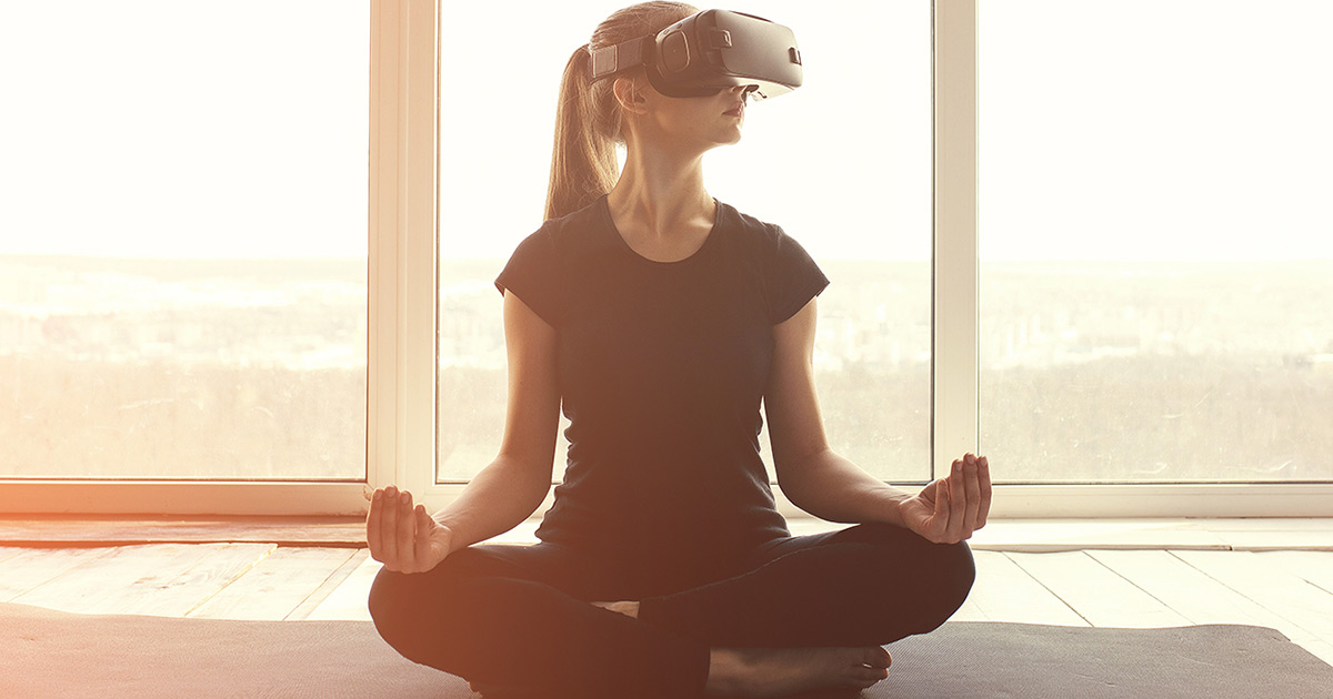 Young woman in virtual reality headset doing yoga and aerobics remotely, Future Technology concept, modern imaging technology, VR, meditate, sun, individual, fitness