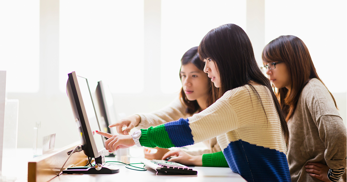 University students use computer, laptop, group, work, young women, learning, Asian 