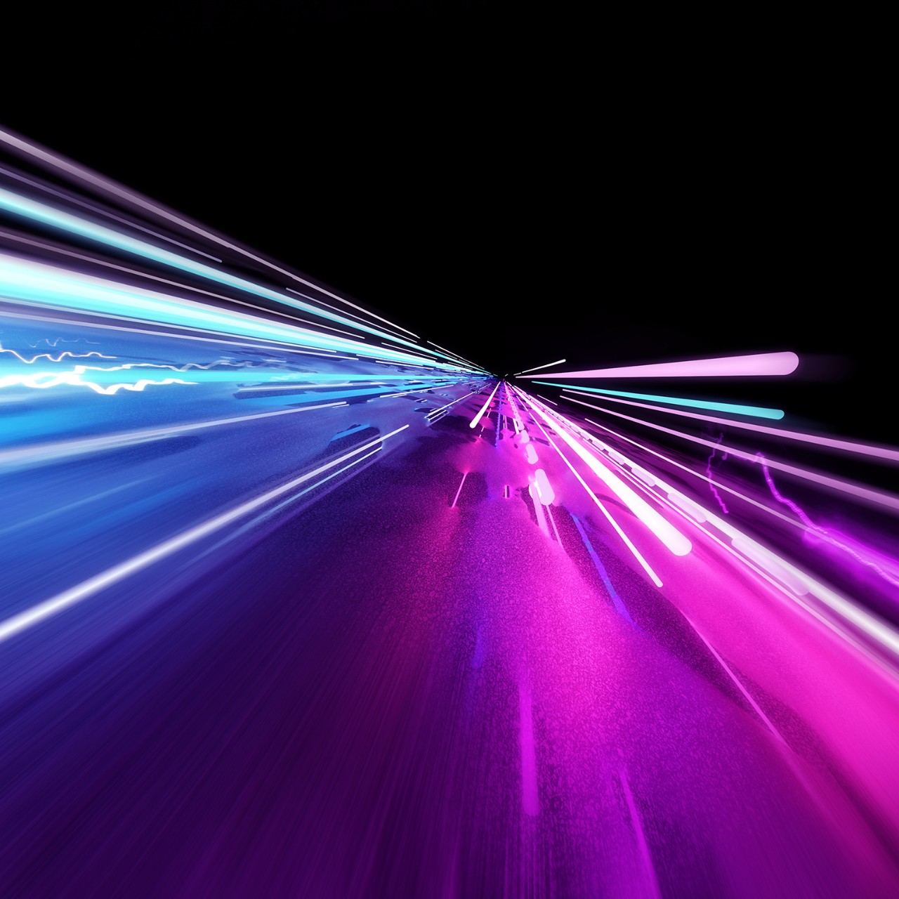 Super fast trailing lights in bright neon colors. 3D Illustration