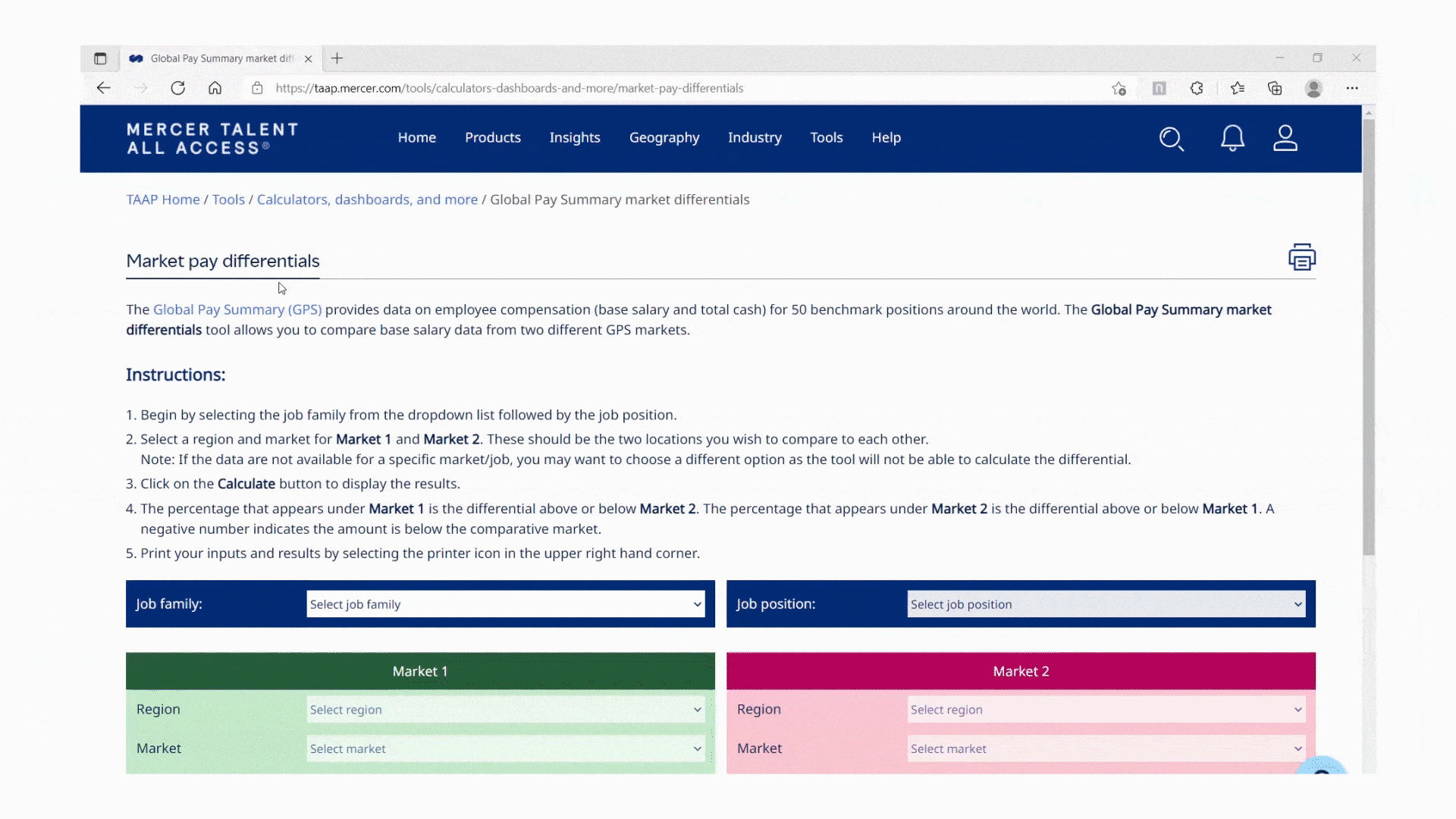 El GIF muestra un cálculo de muestra del diferencial salarial del mercado utilizando la calculadora de Mercer.