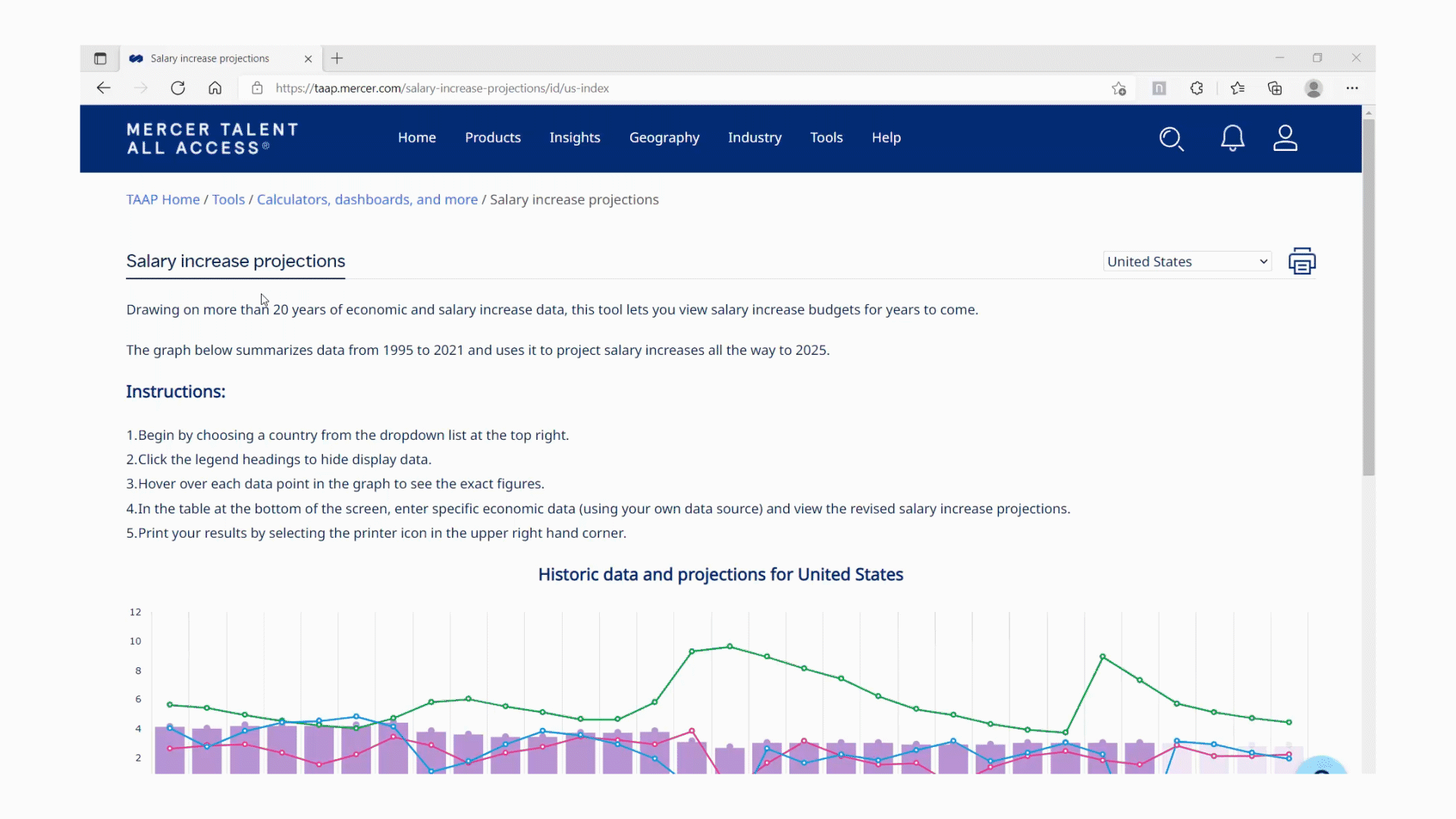 El GIF muestra cómo generar un informe de proyección de aumento salarial de muestra utilizando la calculadora de Mercer.