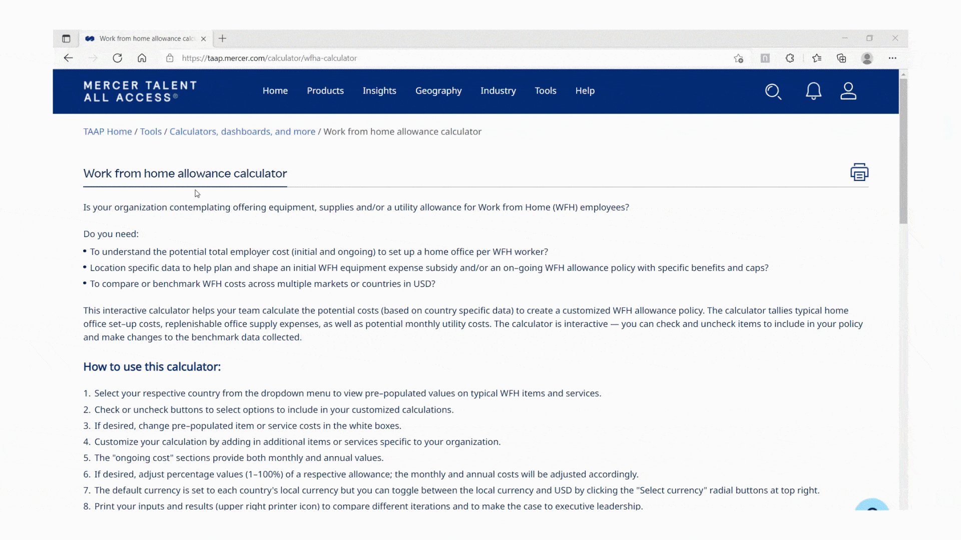 El GIF muestra un cálculo de ejemplo de la asignación para trabajar desde casa utilizando la calculadora de Mercer.