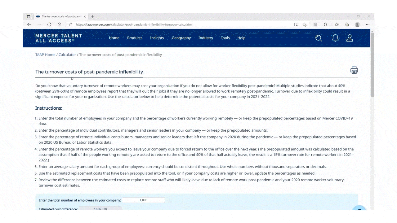 The GIF shows a sample calculation of turnover cost using Mercer’s calculator.