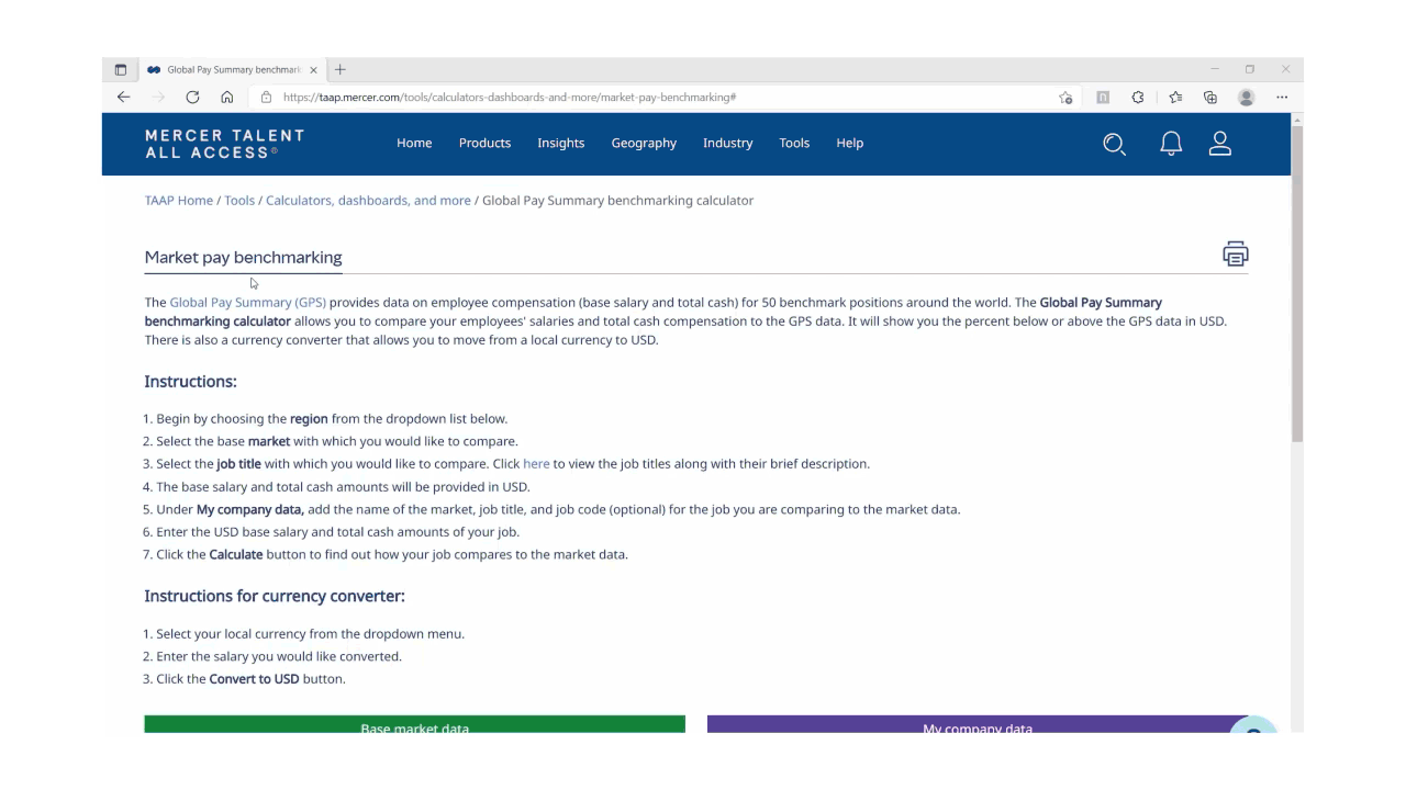 Le GIF montre comment générer un exemple de rapport d’analyse comparative des salaires à l’aide du calculateur de Mercer.