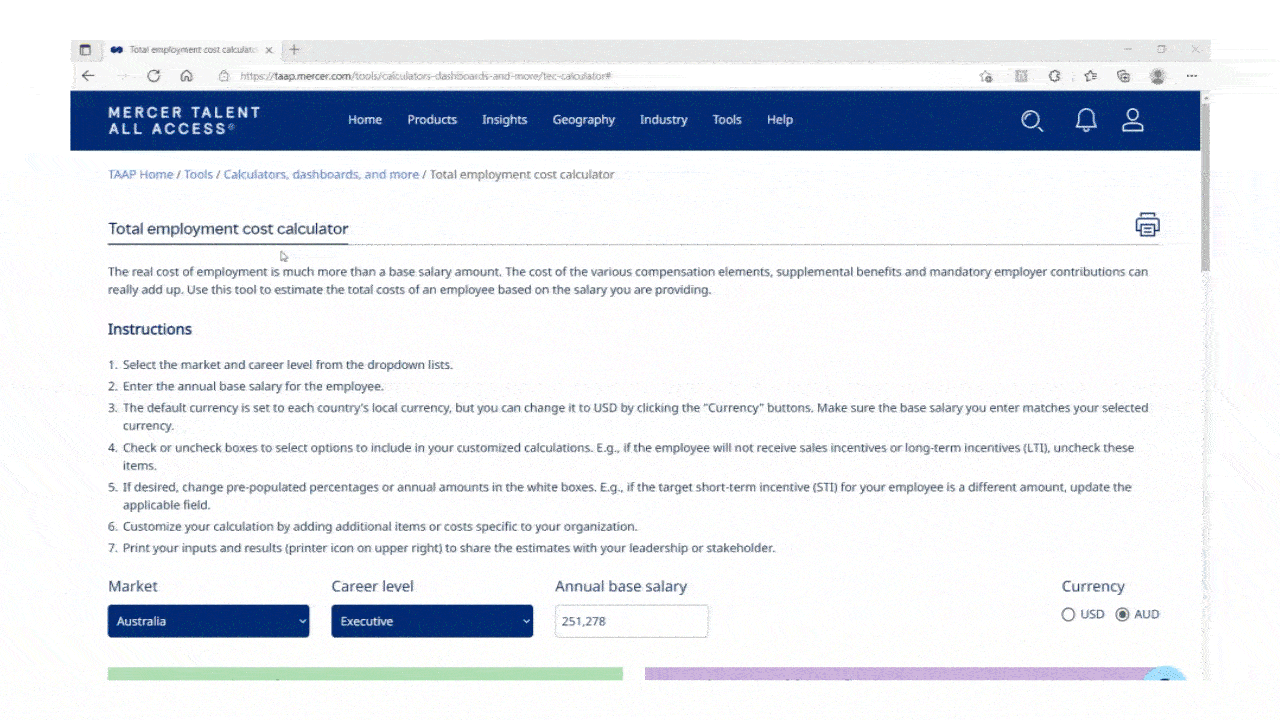 Le GIF montre un exemple de calcul du coût total de l’emploi à l’aide de la calculatrice de Mercer.