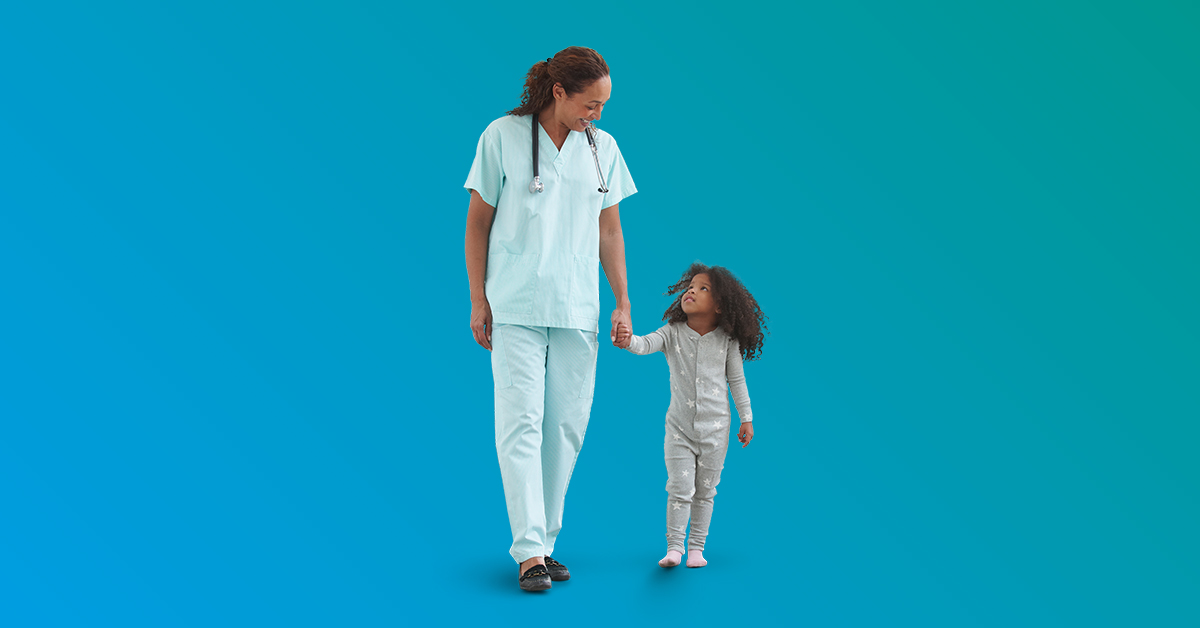 Femail doctor with stethoscope and little girl patient in pajamas holding hands walking - blue to teal gradient