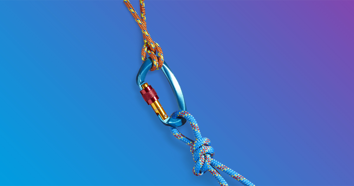 Blue carabiner clip with multicolored blue and yellow ropes tied on either end - blue to purple gradient
