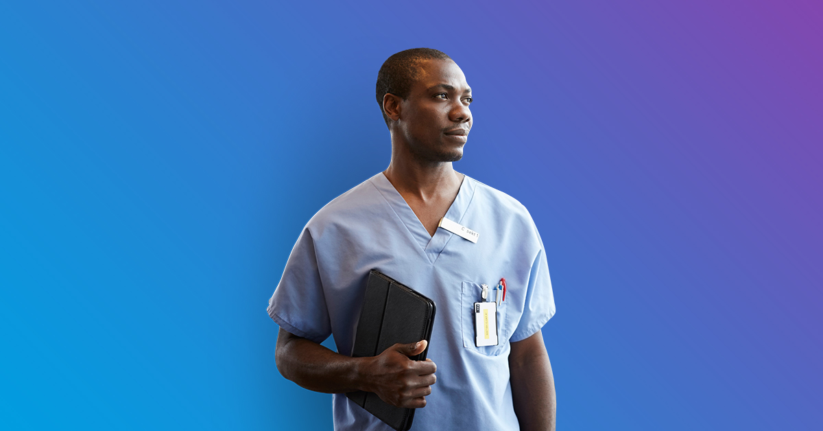 Man in scrubs looking off in distance blue to purple gradient
