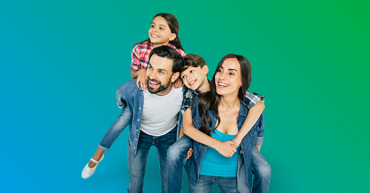 Smiling family of four - blue to green gradient