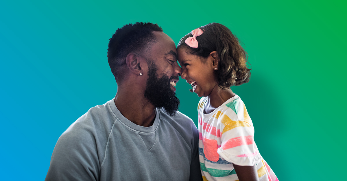 Father in gray t-shirt and young daughter in colorful top laughing together with foreheads toucing - Blue to green gradient