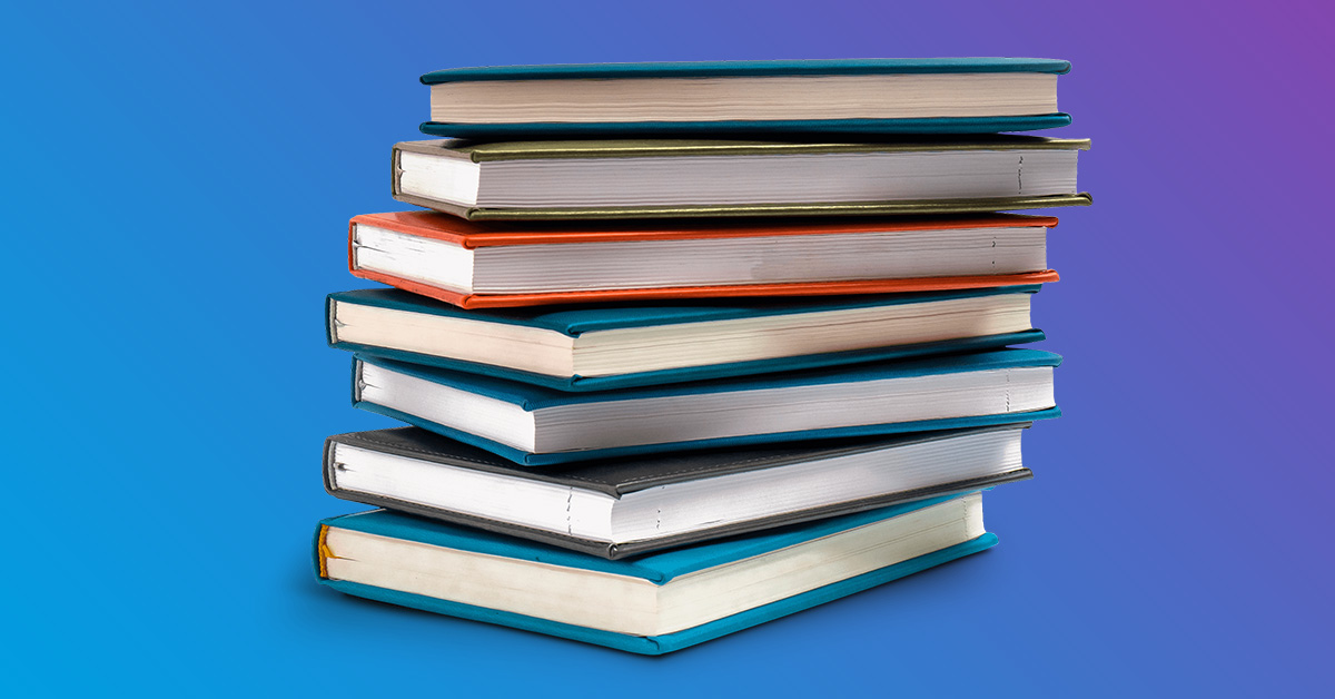 stack of books on a blue and purple gradient background