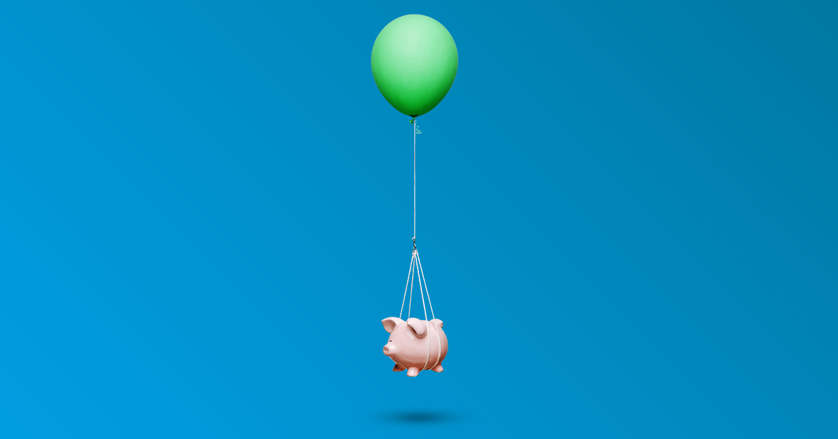 Floating pink piggy back tied to green balloon - Teal gradient  