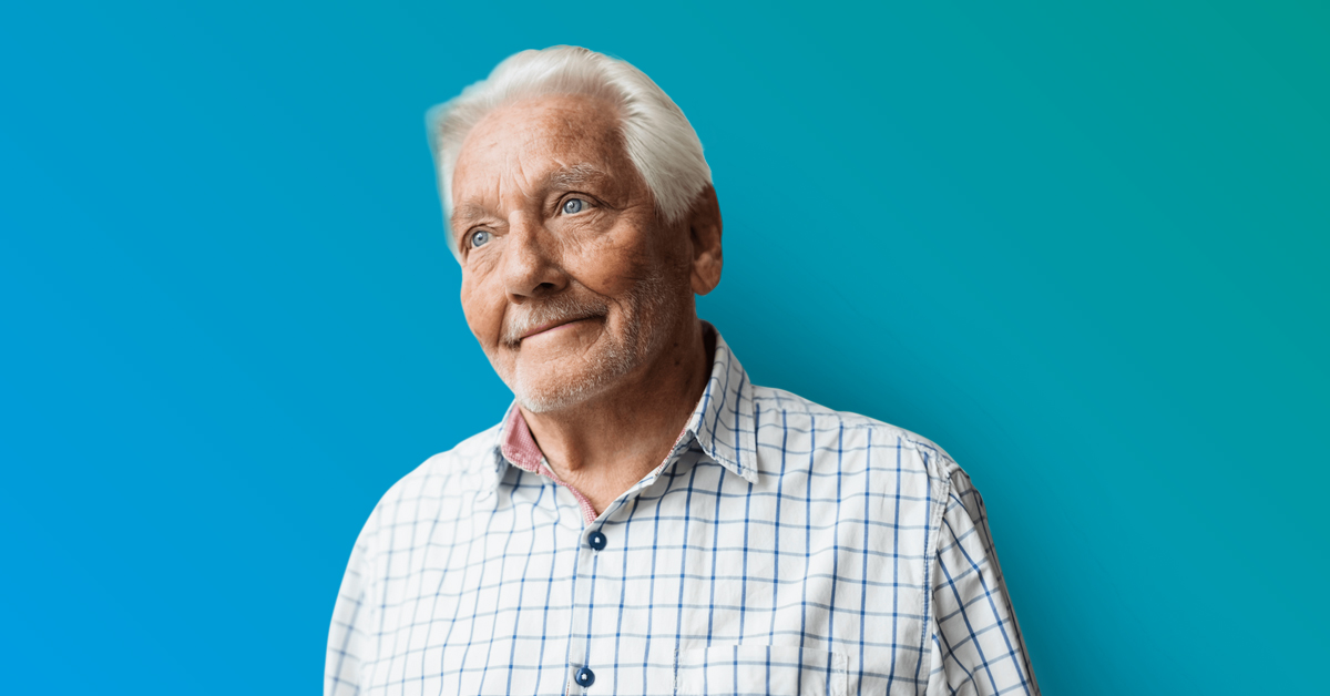 Elderly man with checkered shirt, smiling - turquoise gradient
