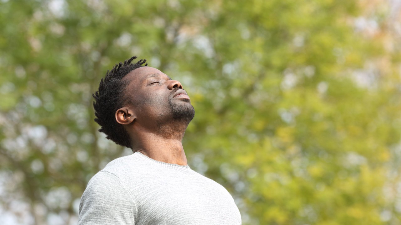 Black serious man breathing deeply fresh air in a park a sunny day with a green tree in the background