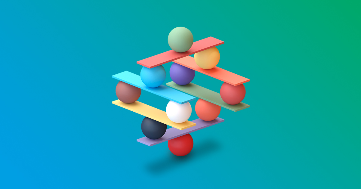 Stacked colorful balls balancing between stacked colorful straight boards - blue to green gradient