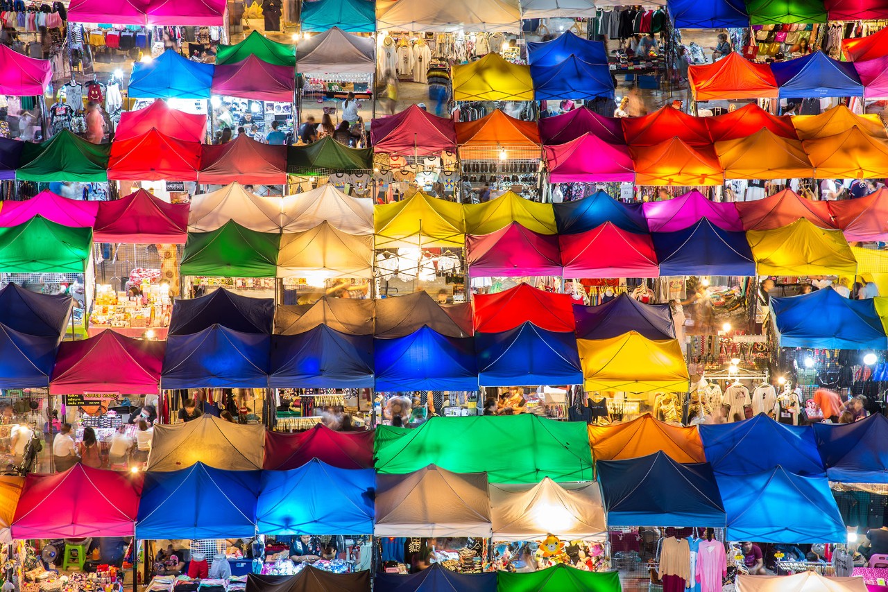 Night market, high view from building, colorful tent, retail shop and lighting, thailand, bangkok
