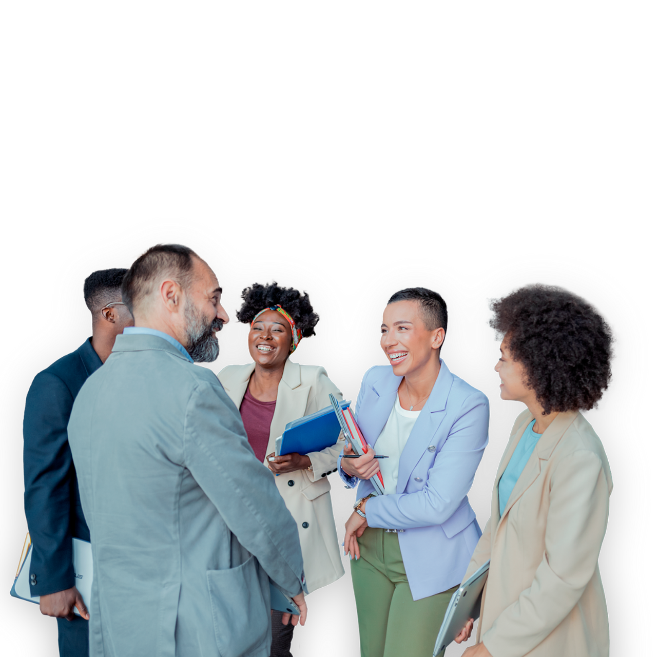 Positive mixed race employees group engaged in teamwork